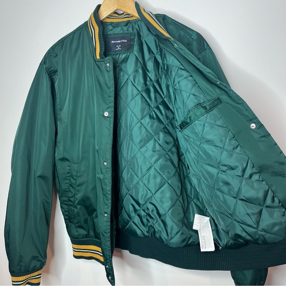 Abercrombie & Fitch Men's Medium Green Varsity Style Bomber Jacket Team Colors - Picture 4 of 11